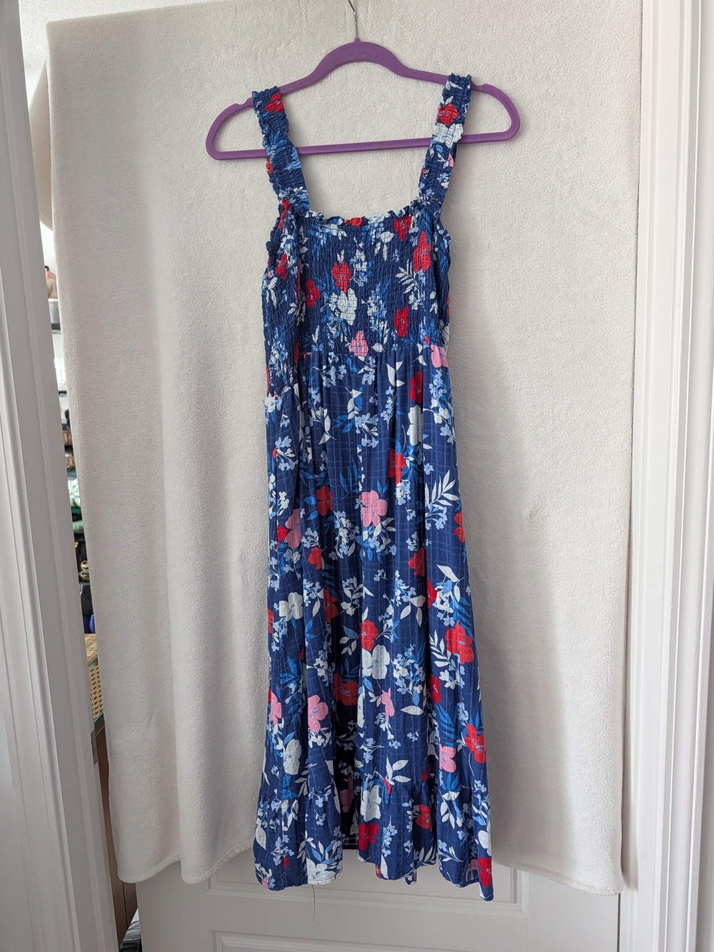 Draper James Blue Floral Smocked Maxi Dress with Red & Pink Accents